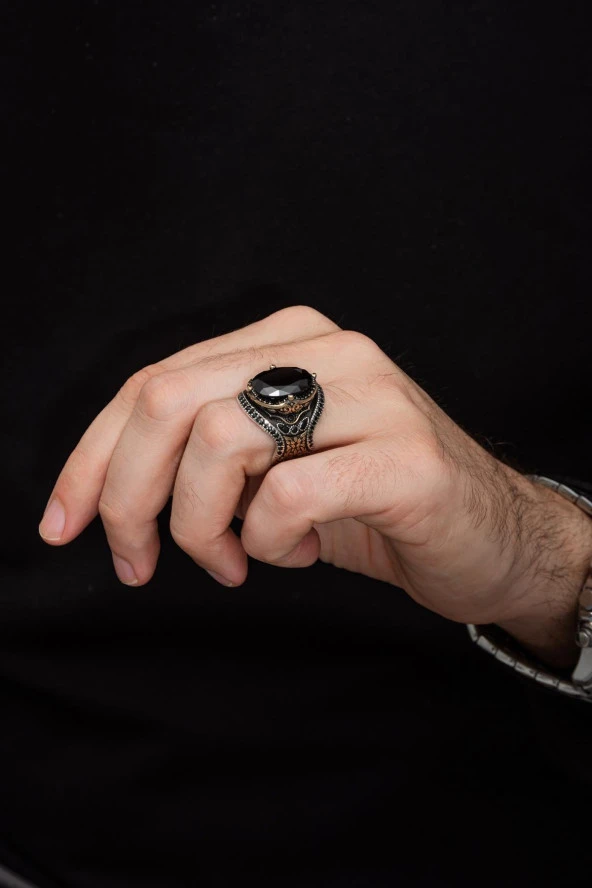 Oval SiyahTaşlı Faset Kesim 925 Gümüş Erkek Yüzük - Resim 3