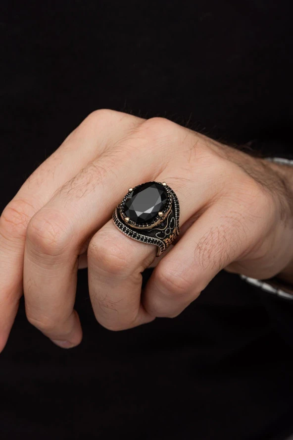 Oval SiyahTaşlı Faset Kesim 925 Gümüş Erkek Yüzük - Resim 5