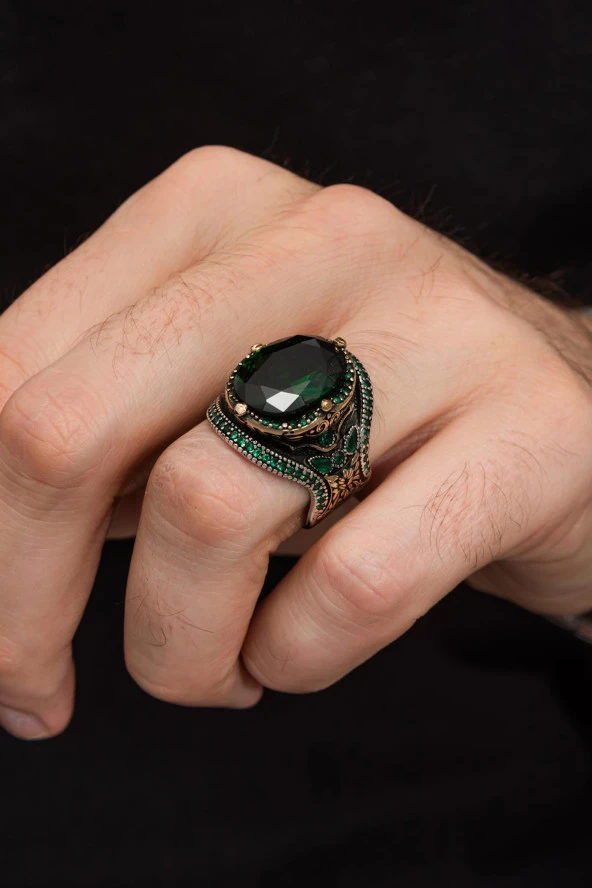 Oval Yeşil Taşlı Faset Kesim 925 Gümüş Erkek Yüzük ürün görseli