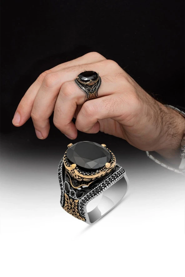 Oval SiyahTaşlı Faset Kesim 925 Gümüş Erkek Yüzük - Resim 8