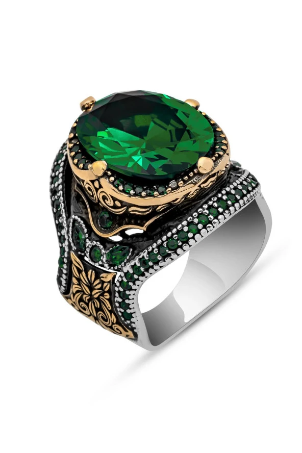 Oval Yeşil Taşlı Faset Kesim 925 Gümüş Erkek Yüzük - Resim 2