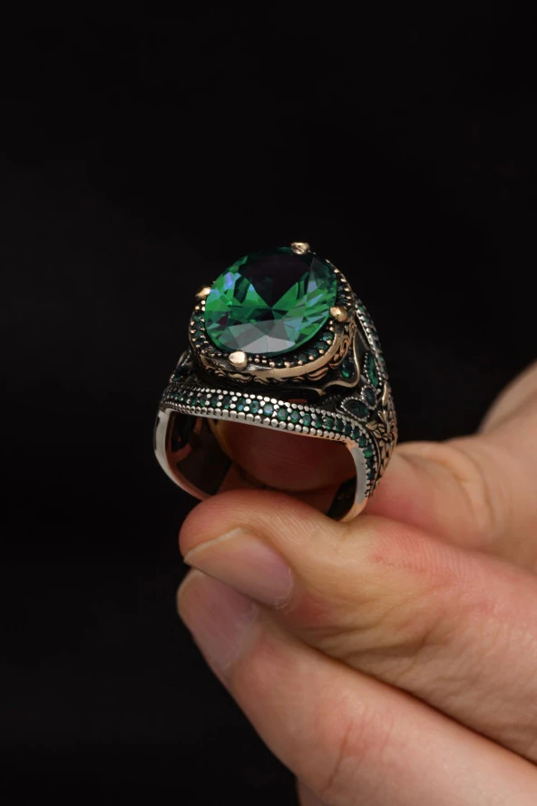 Oval Yeşil Taşlı Faset Kesim 925 Gümüş Erkek Yüzük - Resim 3