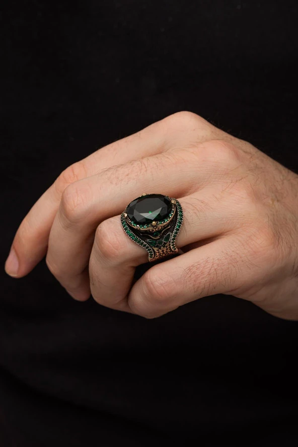 Oval Yeşil Taşlı Faset Kesim 925 Gümüş Erkek Yüzük - Resim 5