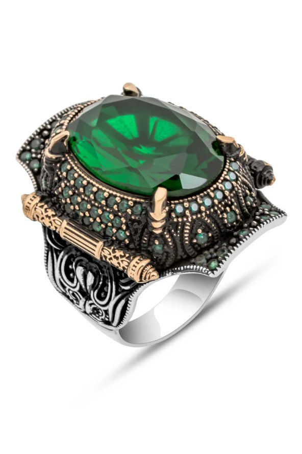 Yeşil Taşlı Faset Kesim 925 Gümüş Erkek Yüzük - Resim 2