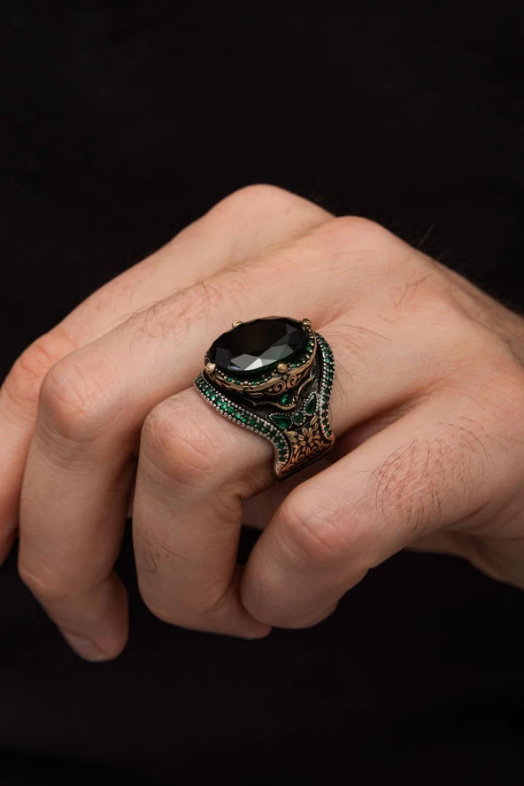 Oval Yeşil Taşlı Faset Kesim 925 Gümüş Erkek Yüzük - Resim 7