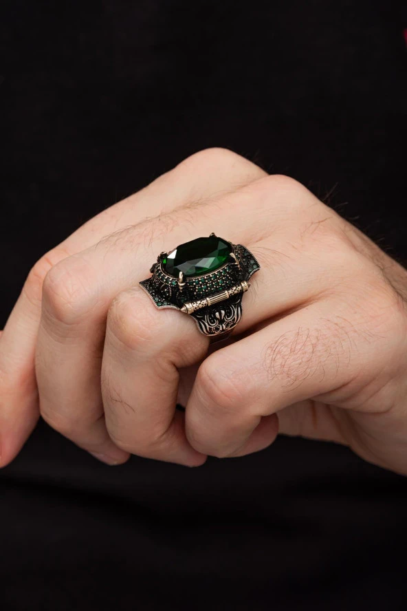 Yeşil Taşlı Faset Kesim 925 Gümüş Erkek Yüzük - Resim 3