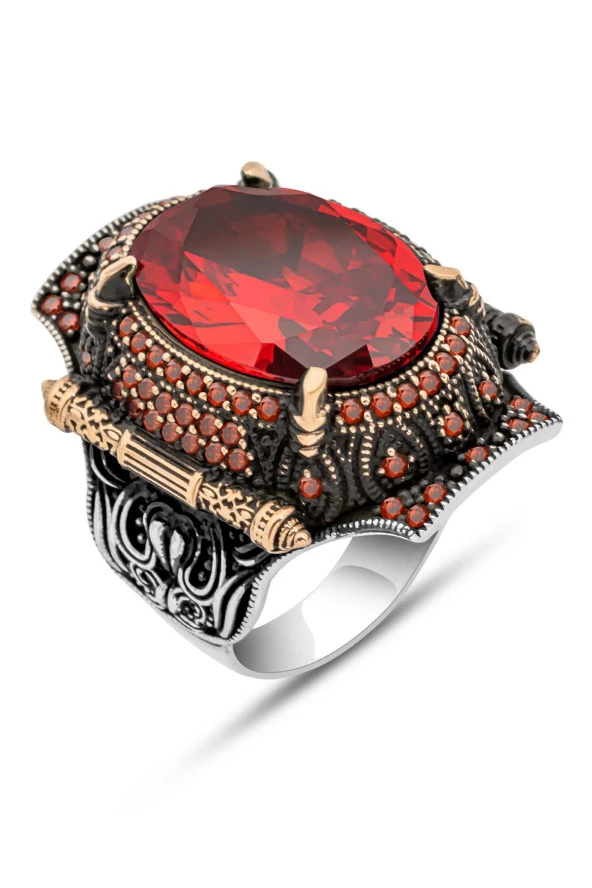 Kırmızı Taşlı Faset Kesim 925 Gümüş Erkek Yüzük - Resim 2