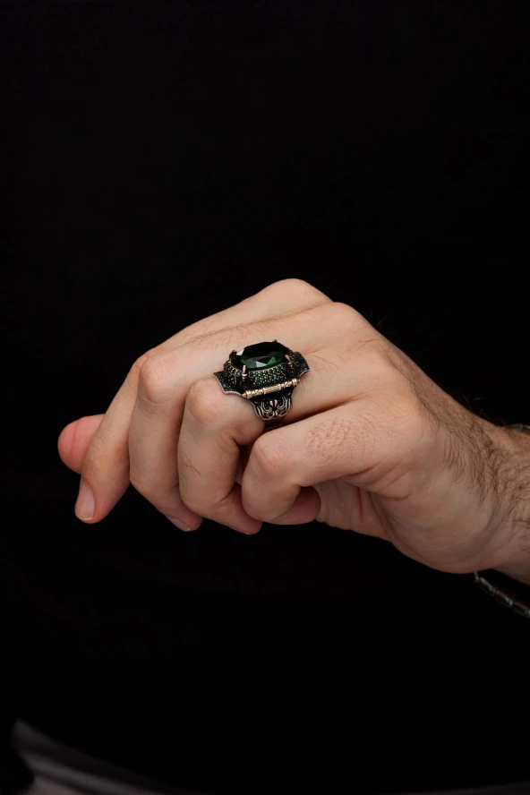 Yeşil Taşlı Faset Kesim 925 Gümüş Erkek Yüzük - Resim 4