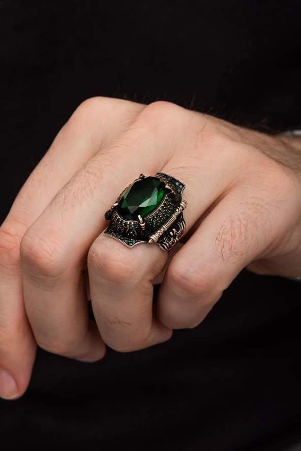 Yeşil Taşlı Faset Kesim 925 Gümüş Erkek Yüzük - Resim 6