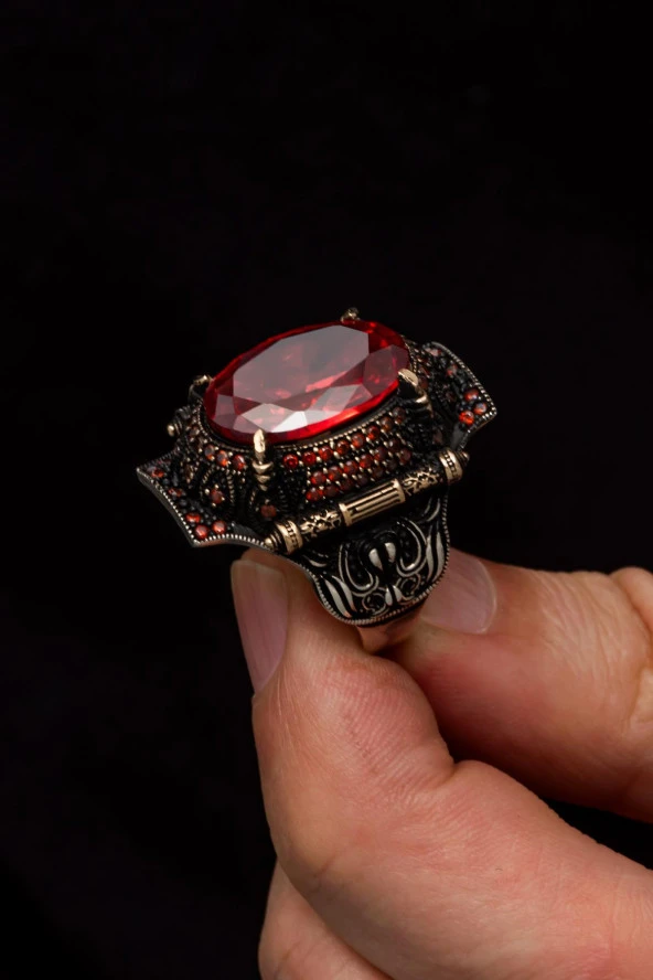 Kırmızı Taşlı Faset Kesim 925 Gümüş Erkek Yüzük - Resim 5