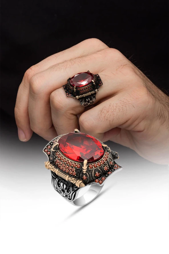 Kırmızı Taşlı Faset Kesim 925 Gümüş Erkek Yüzük - Resim 6