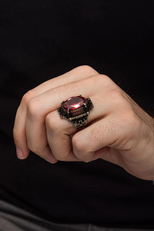 Kırmızı Taşlı Faset Kesim 925 Gümüş Erkek Yüzük - Resim 7