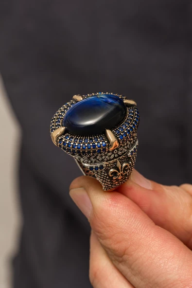 Mavi Kaplan Gözü Taşlı Oval 925 Gümüş Erkek Yüzük - Resim 3