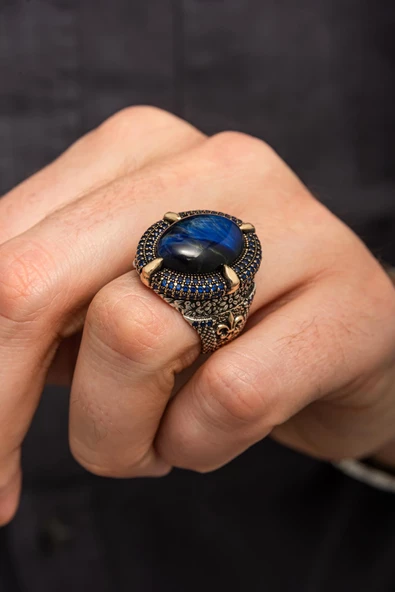 Mavi Kaplan Gözü Taşlı Oval 925 Gümüş Erkek Yüzük - Resim 7