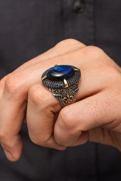 Mavi Kaplan Gözü Taşlı Oval 925 Gümüş Erkek Yüzük ürün görseli