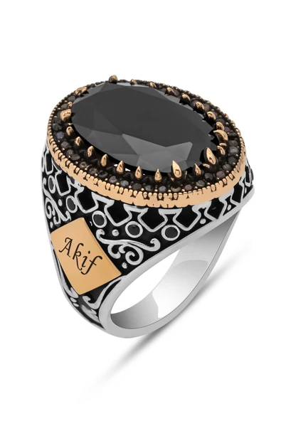 Siyah Taşlı Harf İsimli 925 Gümüş Erkek Yüzük - Resim 2