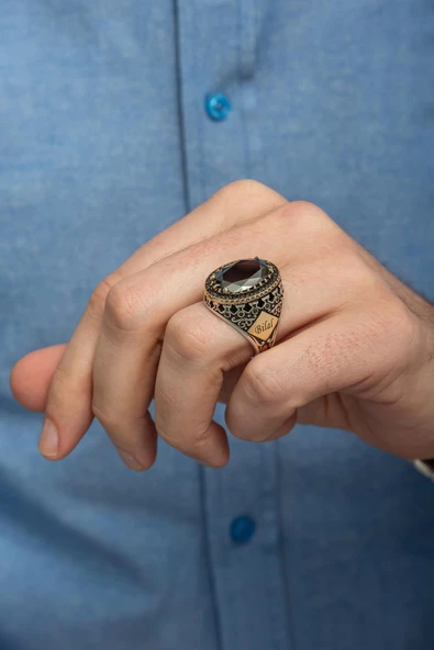 Siyah Taşlı Harf İsimli 925 Gümüş Erkek Yüzük - Resim 6