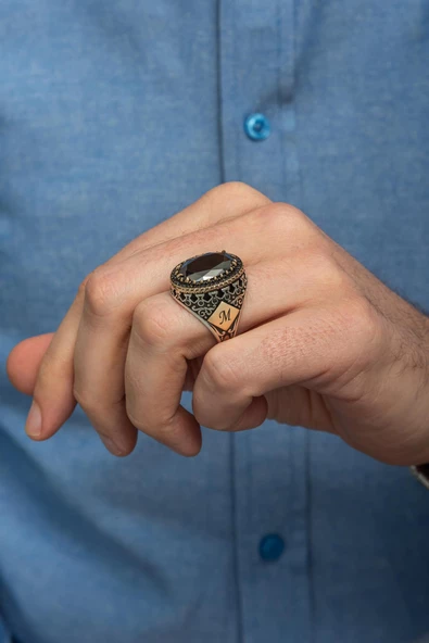 Siyah Taşlı Harf İsimli 925 Gümüş Erkek Yüzük - Resim 7