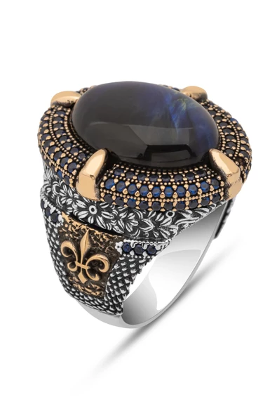 Mavi Kaplan Gözü Taşlı Oval 925 Gümüş Erkek Yüzük - Resim 2