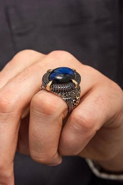 Mavi Kaplan Gözü Taşlı Oval 925 Gümüş Erkek Yüzük - Resim 4