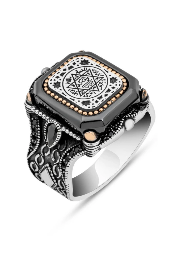Kare Siyah Taşlı Mührü Süleyman İşleme 925 Gümüş Erkek Yüzük - Resim 2
