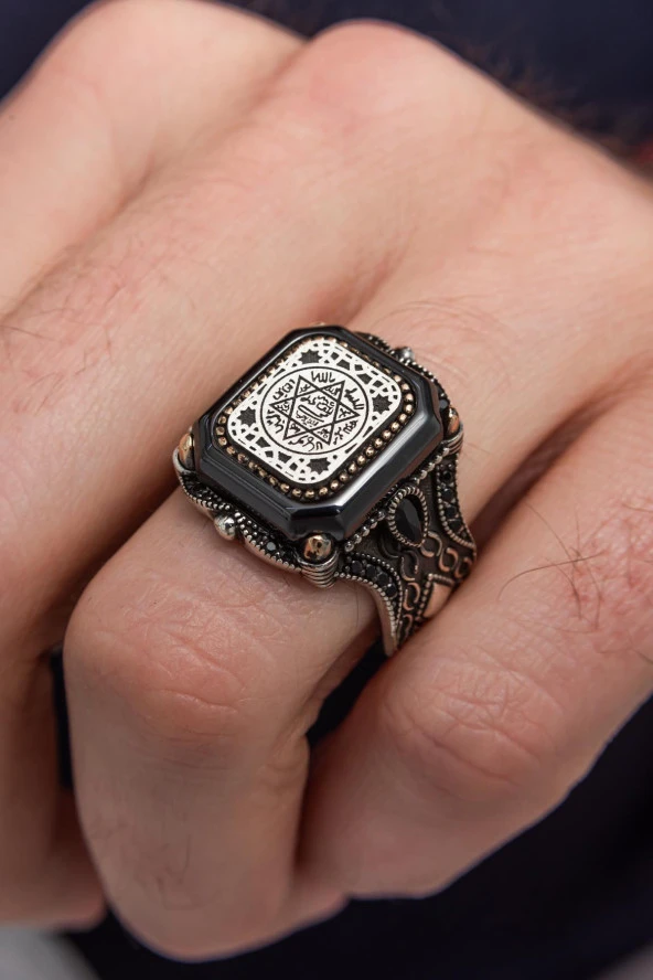 Kare Siyah Taşlı Mührü Süleyman İşleme 925 Gümüş Erkek Yüzük - Resim 3