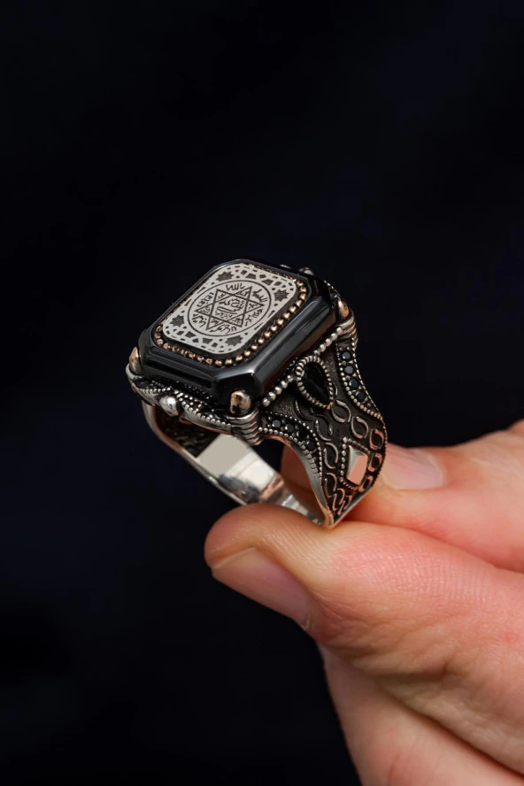 Kare Siyah Taşlı Mührü Süleyman İşleme 925 Gümüş Erkek Yüzük - Resim 5