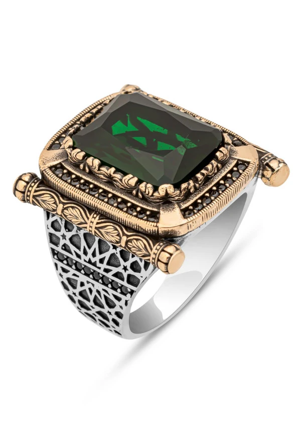 Kare Yeşil Taşlı Faset Kesim 925 Gümüş Erkek Yüzük - Resim 2