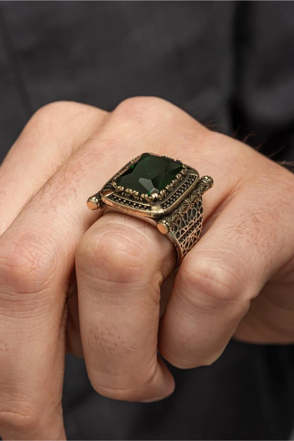 Kare Yeşil Taşlı Faset Kesim 925 Gümüş Erkek Yüzük - Resim 3