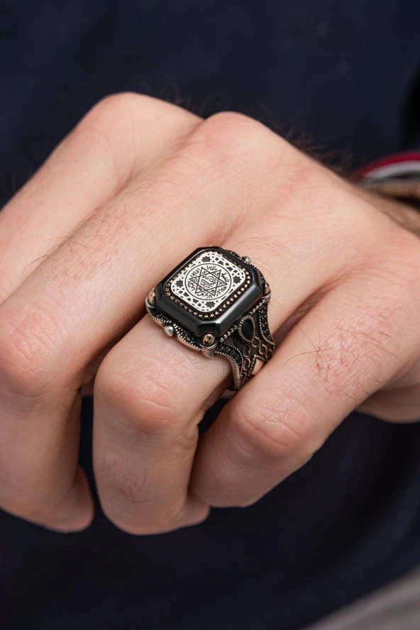 Kare Siyah Taşlı Mührü Süleyman İşleme 925 Gümüş Erkek Yüzük - Resim 8