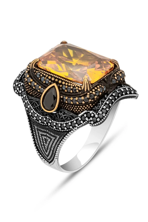 Sarı Sitrin Taşlı 925 Gümüş Erkek Yüzük - Resim 2