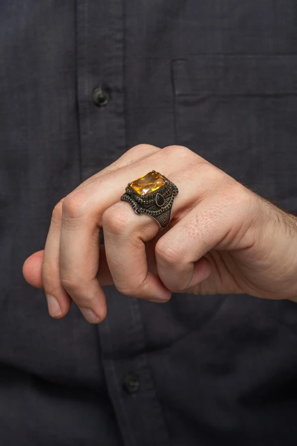 Sarı Sitrin Taşlı 925 Gümüş Erkek Yüzük - Resim 3