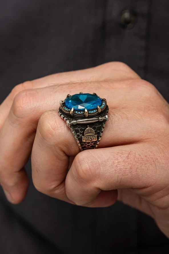 Kubbetül Sahra Mescidi Aksa Motifli Mavi Taşlı 925 Gümüş Erkek Yüzük ürün görseli