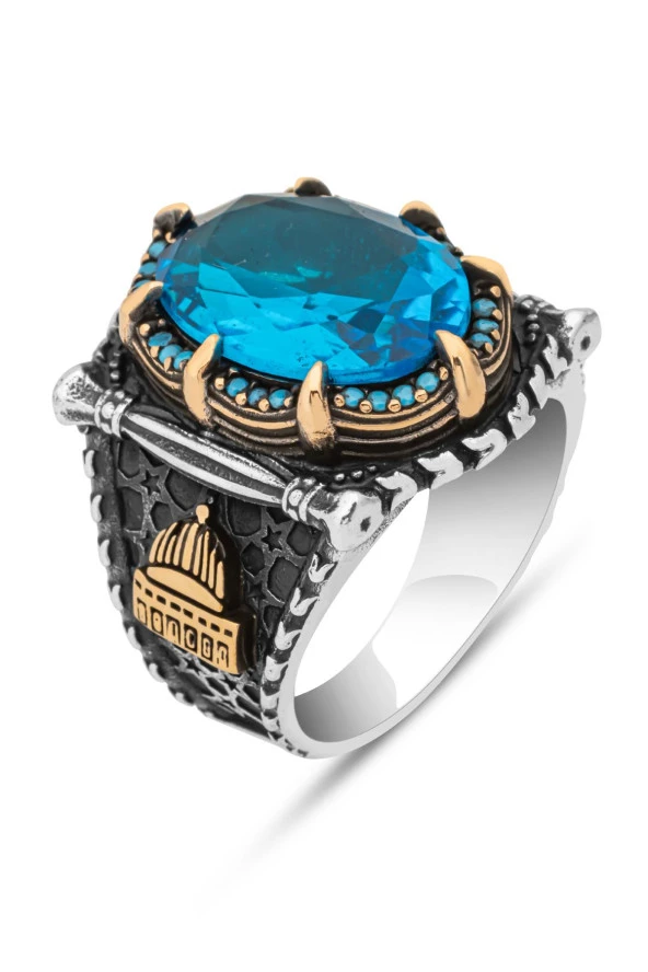 Kubbetül Sahra Mescidi Aksa Motifli Mavi Taşlı 925 Gümüş Erkek Yüzük - Resim 2