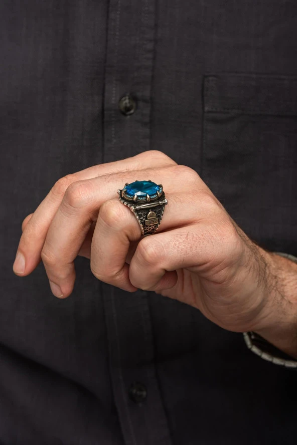 Kubbetül Sahra Mescidi Aksa Motifli Mavi Taşlı 925 Gümüş Erkek Yüzük - Resim 3