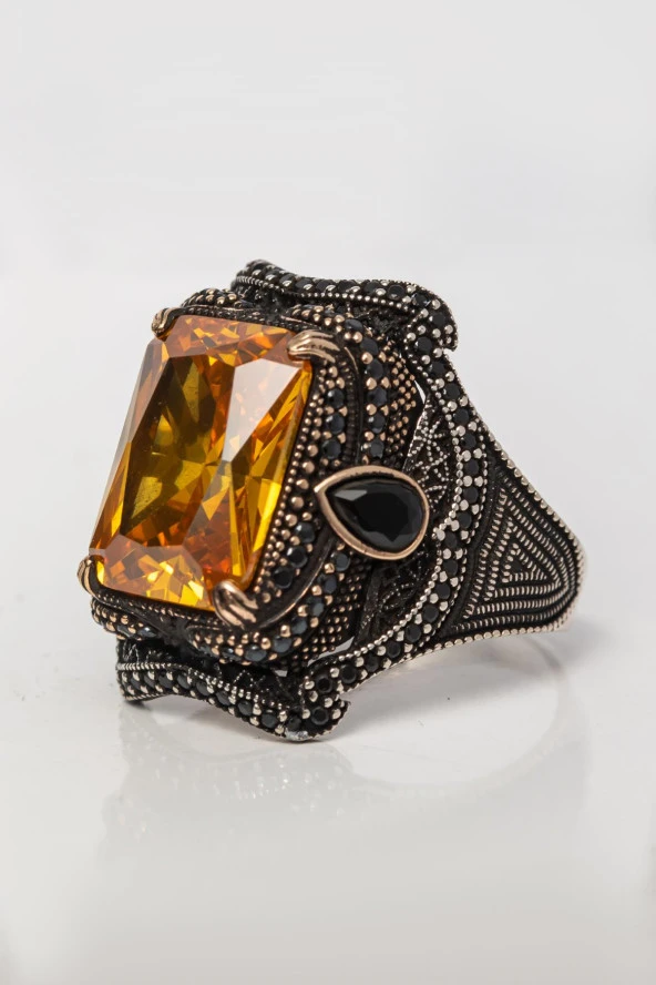 Sarı Sitrin Taşlı 925 Gümüş Erkek Yüzük - Resim 6