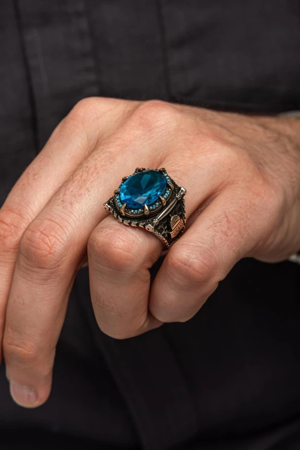 Kubbetül Sahra Mescidi Aksa Motifli Mavi Taşlı 925 Gümüş Erkek Yüzük - Resim 4