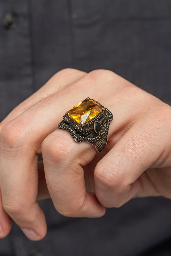 Sarı Sitrin Taşlı 925 Gümüş Erkek Yüzük - Resim 7