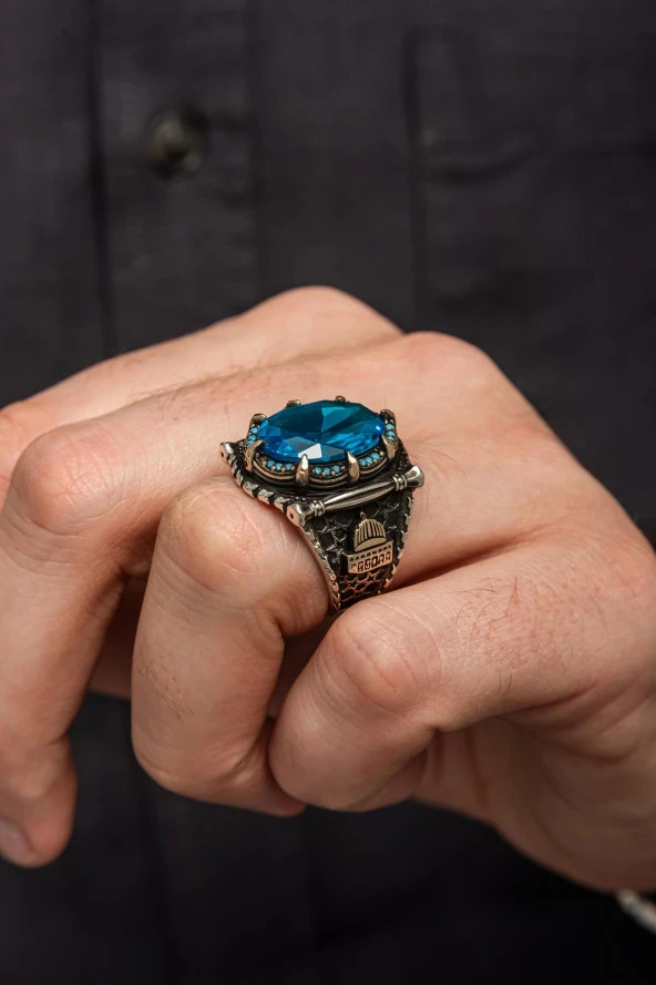 Kubbetül Sahra Mescidi Aksa Motifli Mavi Taşlı 925 Gümüş Erkek Yüzük - Resim 5