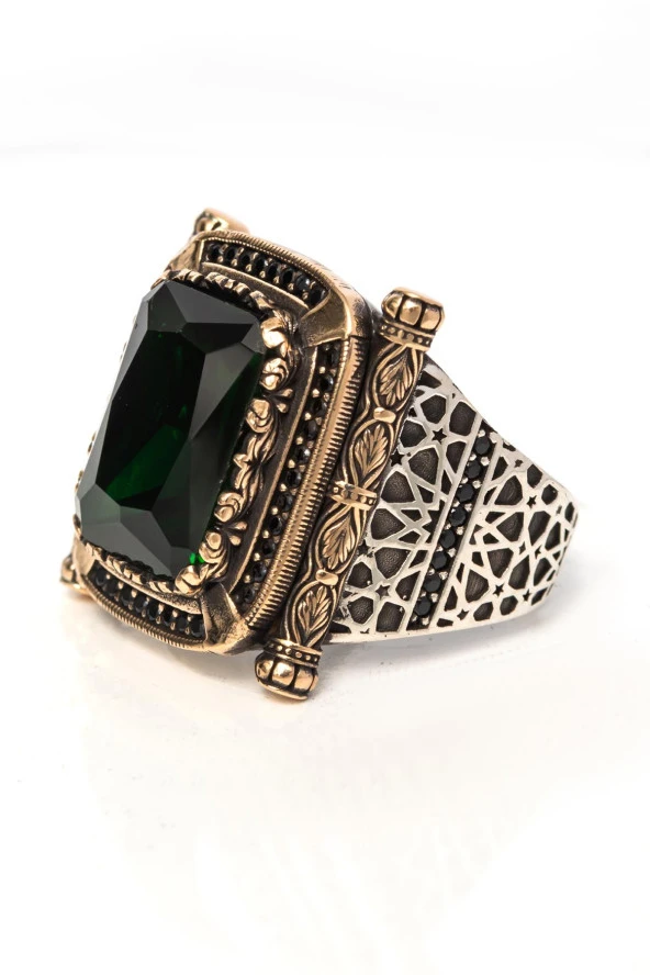 Kare Yeşil Taşlı Faset Kesim 925 Gümüş Erkek Yüzük - Resim 5