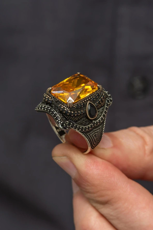 Sarı Sitrin Taşlı 925 Gümüş Erkek Yüzük - Resim 8