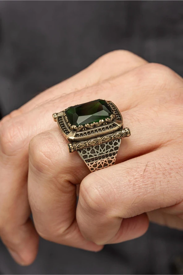 Kare Yeşil Taşlı Faset Kesim 925 Gümüş Erkek Yüzük - Resim 6