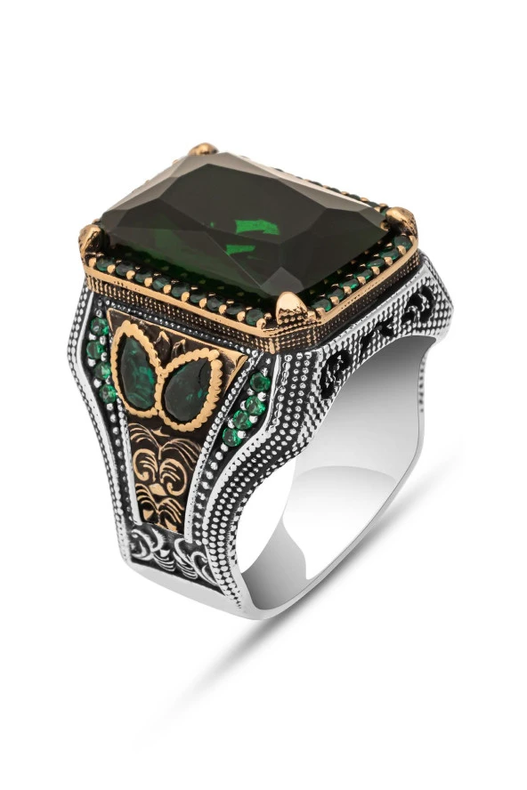 Yeşil Taşlı Faset Kesim 925 Gümüş Erkek Yüzük - Resim 2