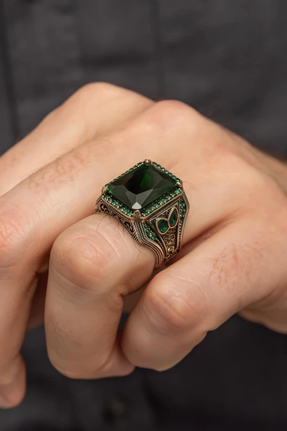 Yeşil Taşlı Faset Kesim 925 Gümüş Erkek Yüzük - Resim 3