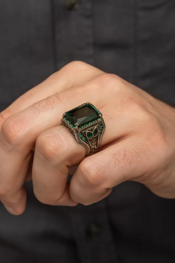 Yeşil Taşlı Faset Kesim 925 Gümüş Erkek Yüzük - Resim 5