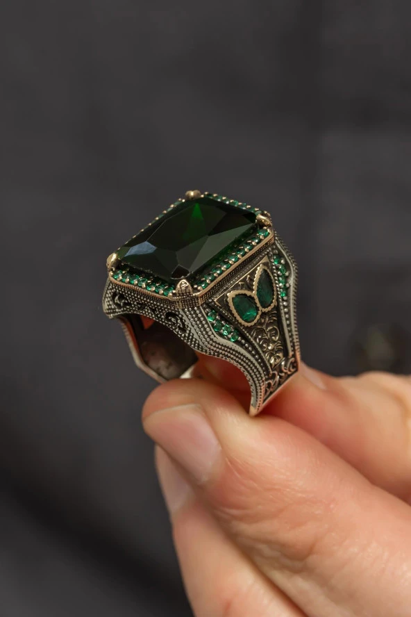 Yeşil Taşlı Faset Kesim 925 Gümüş Erkek Yüzük - Resim 7