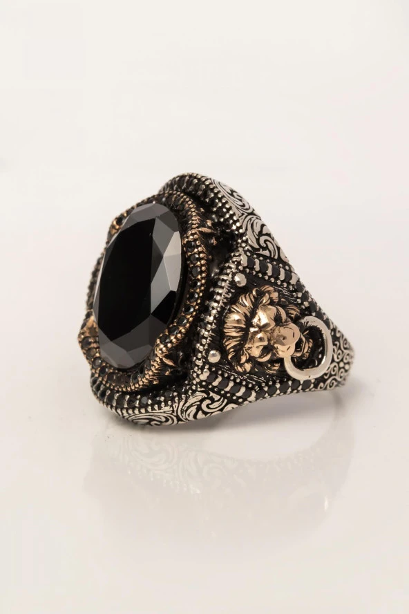 Siyah Taşlı Aslan Başı Kapı Tokmak Modeli 925 Gümüş Erkek Yüzük - 5