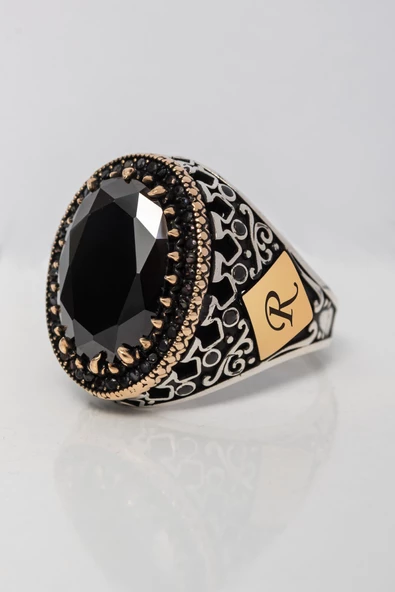 Siyah Taşlı Harf İsimli 925 Gümüş Erkek Yüzük - Resim 5