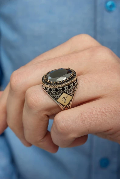 Siyah Taşlı Harf İsimli 925 Gümüş Erkek Yüzük ürün görseli