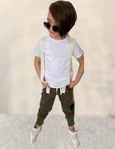 Erkek Çocuk Askı Detaylı Tişört Kargo Cepli Haki Pantolon Alt Üst Takım - Resim 3